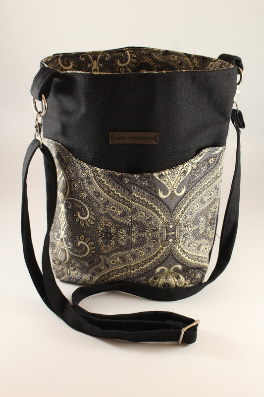 black and dark gray paisley crossbody canvas handbag