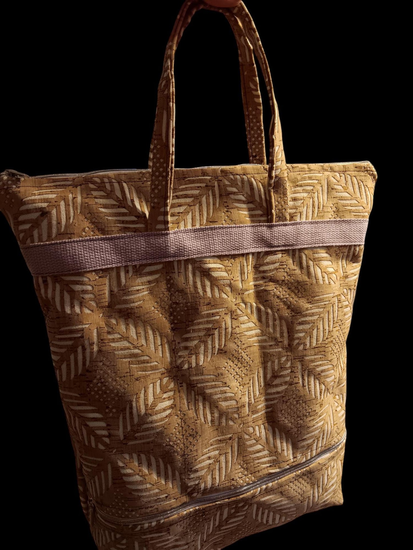 Cork Geometric Fabric Handbag, Purple Accent Spring Tote, Eco-Friendly Stylish Purse, Modern Bag for Women